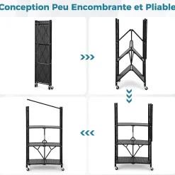 Unité de Rangement Pliable Étagère en Métal à 4 Niveaux Résistante avec 4 Roues Universelles Organisateur Espace Noir
