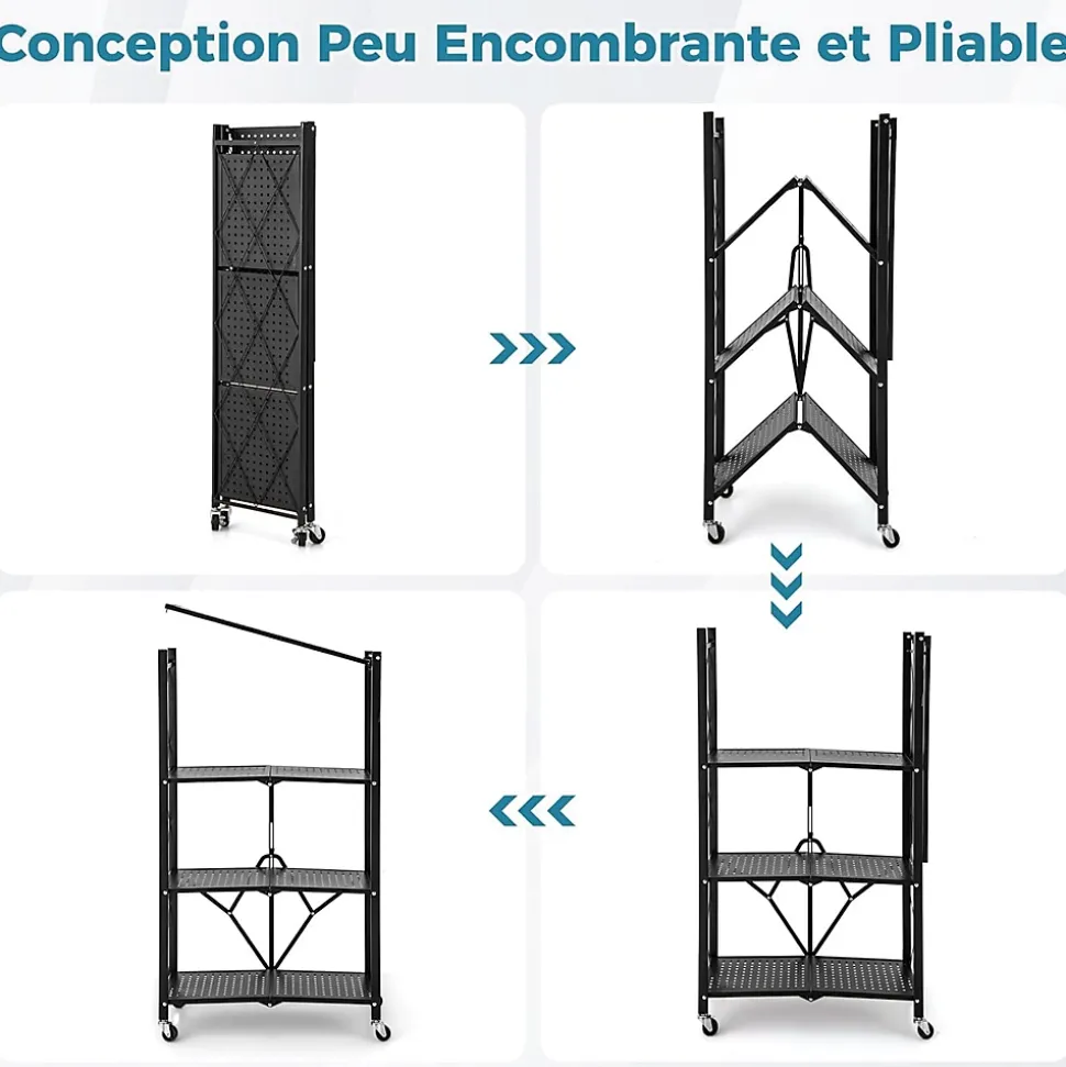 Unité de Rangement Pliable Étagère en Métal à 4 Niveaux Résistante avec 4 Roues Universelles Organisateur Espace Noir