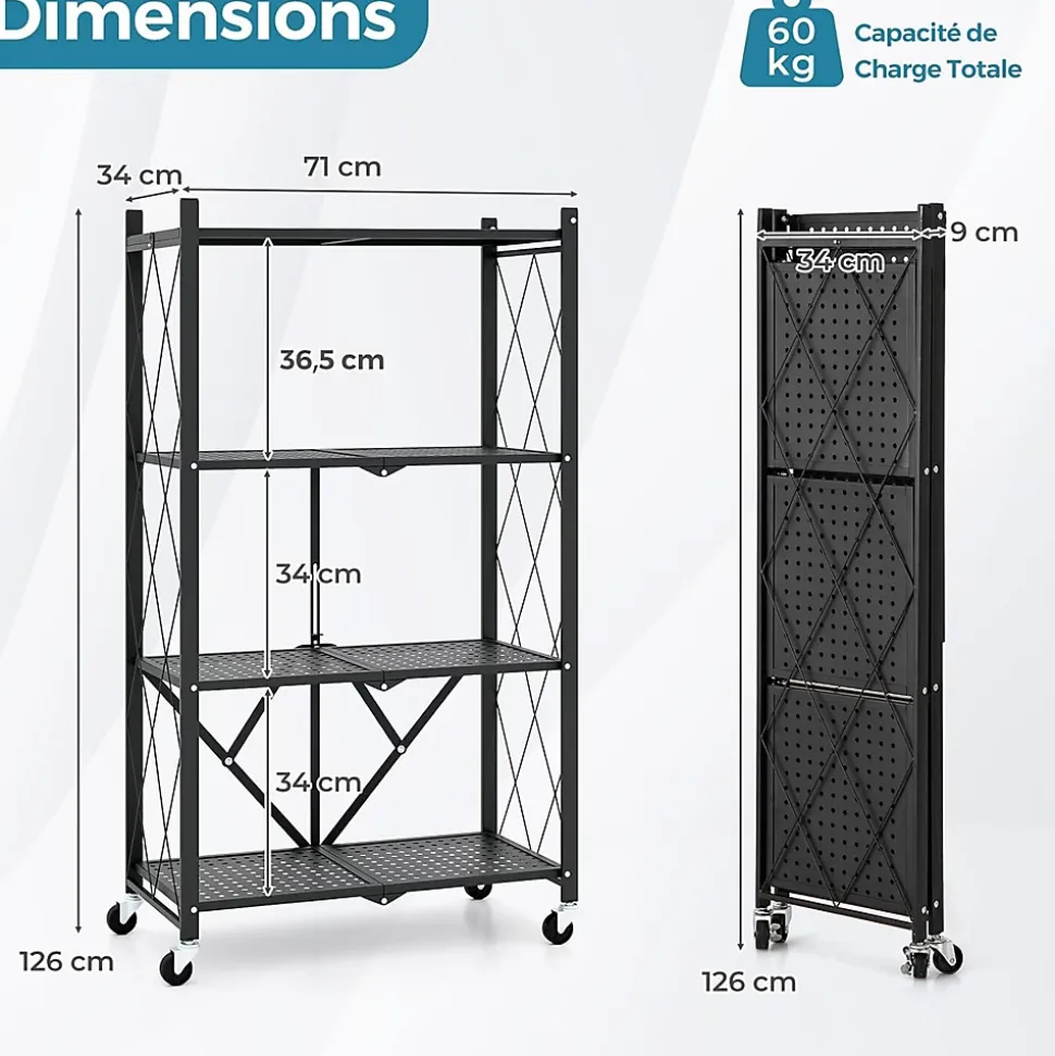 Unité de Rangement Pliable Étagère en Métal à 4 Niveaux Résistante avec 4 Roues Universelles Organisateur Espace Noir