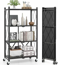 Unité de Rangement Pliable Étagère en Métal à 4 Niveaux Résistante avec 4 Roues Universelles Organisateur Espace Noir