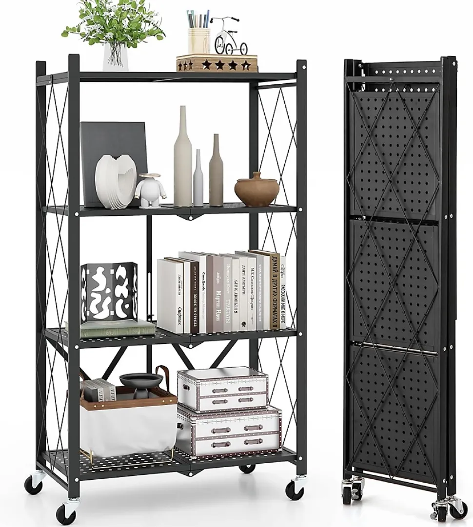 Unité de Rangement Pliable Étagère en Métal à 4 Niveaux Résistante avec 4 Roues Universelles Organisateur Espace Noir