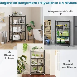 Unité de Rangement Pliable Étagère en Métal à 4 Niveaux Résistante avec 4 Roues Universelles Organisateur Espace Noir