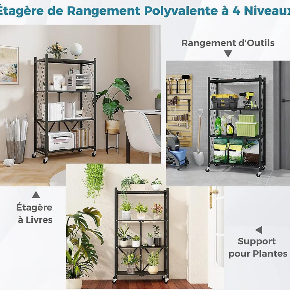 Unité de Rangement Pliable Étagère en Métal à 4 Niveaux Résistante avec 4 Roues Universelles Organisateur Espace Noir