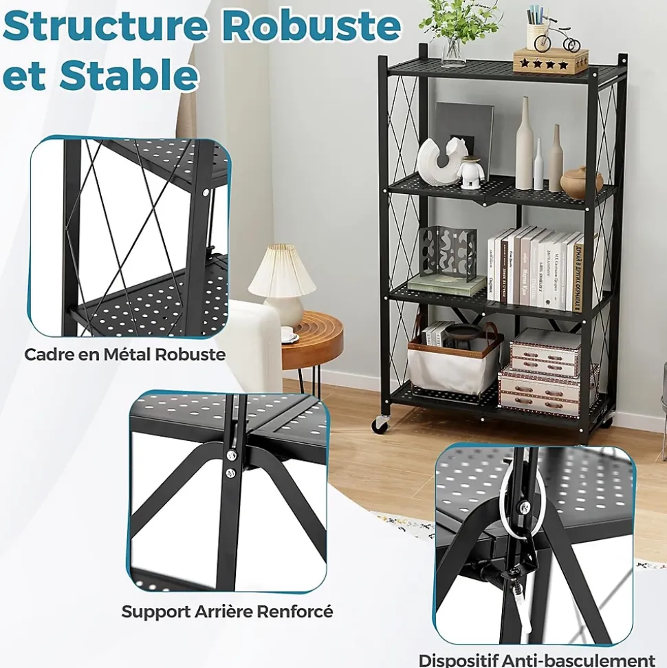 Unité de Rangement Pliable Étagère en Métal à 4 Niveaux Résistante avec 4 Roues Universelles Organisateur Espace Noir