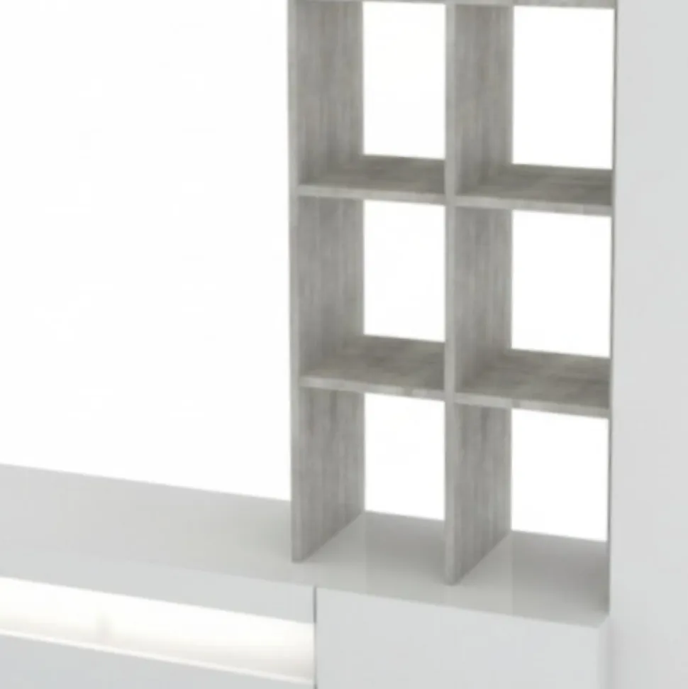 Unité murale Dfazz, ensemble de salon meuble TV, Meuble de salon polyvalent, 290x40h192 cm, Blanc brillant et béton
