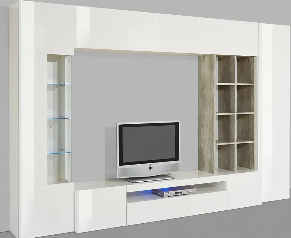 Unité murale Dfazz, ensemble de salon meuble TV, Meuble de salon polyvalent, 290x40h192 cm, Blanc brillant et béton