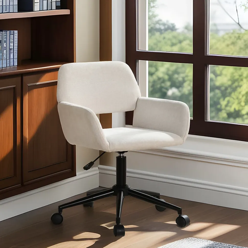 URBAN MEUBLE Chaise de bureau ergonomique en tissu beige Pivotante, hauteur réglable, avec accoudoirs et roulettes