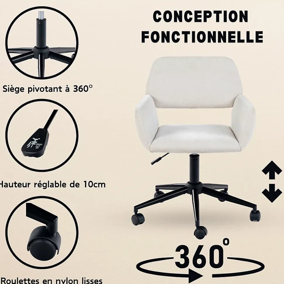 URBAN MEUBLE Chaise intérieure pivotante en tissu avec accoudoirs Hauteur réglable et design confortable Beige