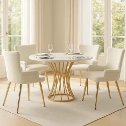 URBAN MEUBLE Ensemble table ronde marbre blanc doré avec 4 chaises beige