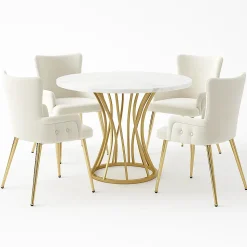 URBAN MEUBLE Ensemble table ronde marbre blanc doré avec 4 chaises beige