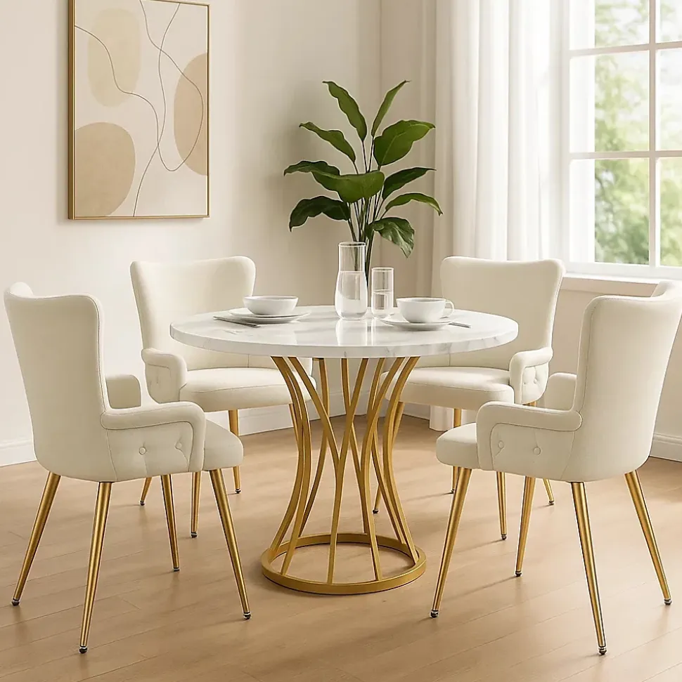 URBAN MEUBLE Ensemble table ronde marbre blanc doré avec 4 chaises beige