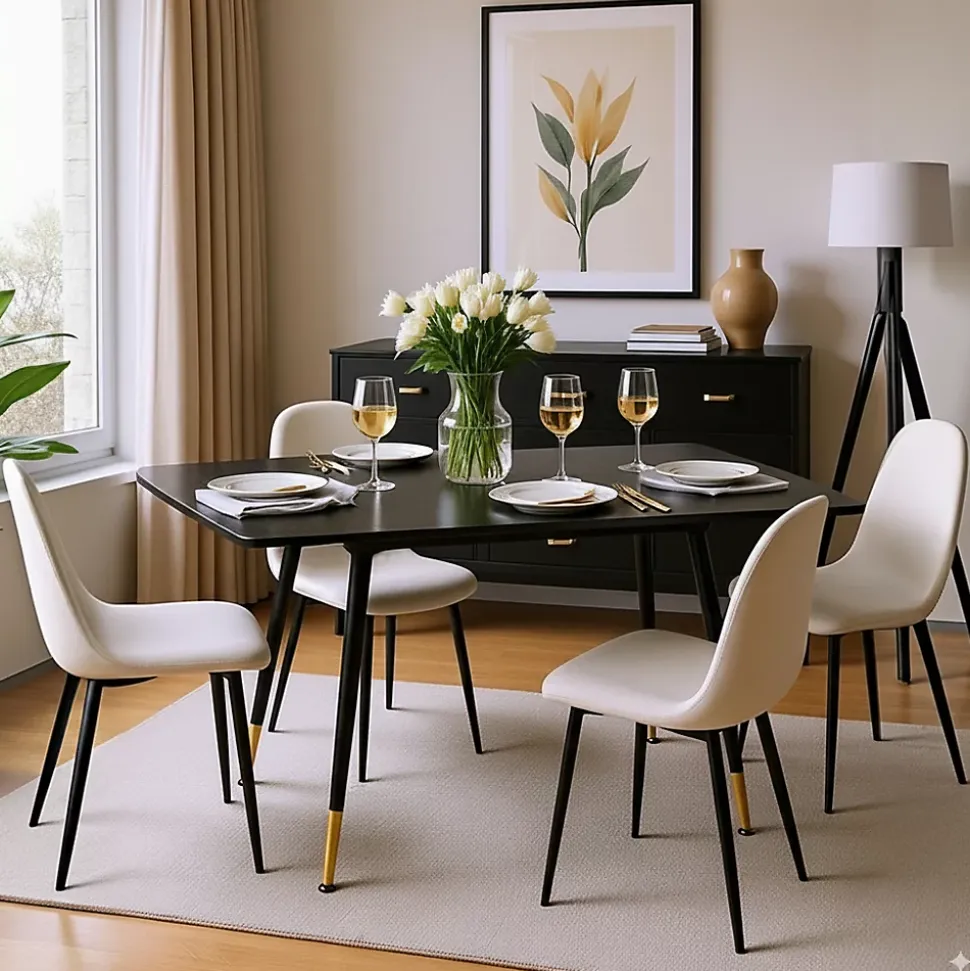 URBAN MEUBLE Ensemble table extensible noir 120-160 et 4 chaises style scandinaves blanches cassées