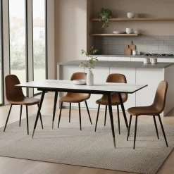 URBAN MEUBLE Ensemble table extensible effet marbre blanc 120-160 et 4 chaises style scandinave retro