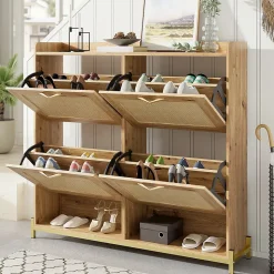 URBAN MEUBLE Meuble à chaussures effet bois et rotin MDF 4 portes battantes