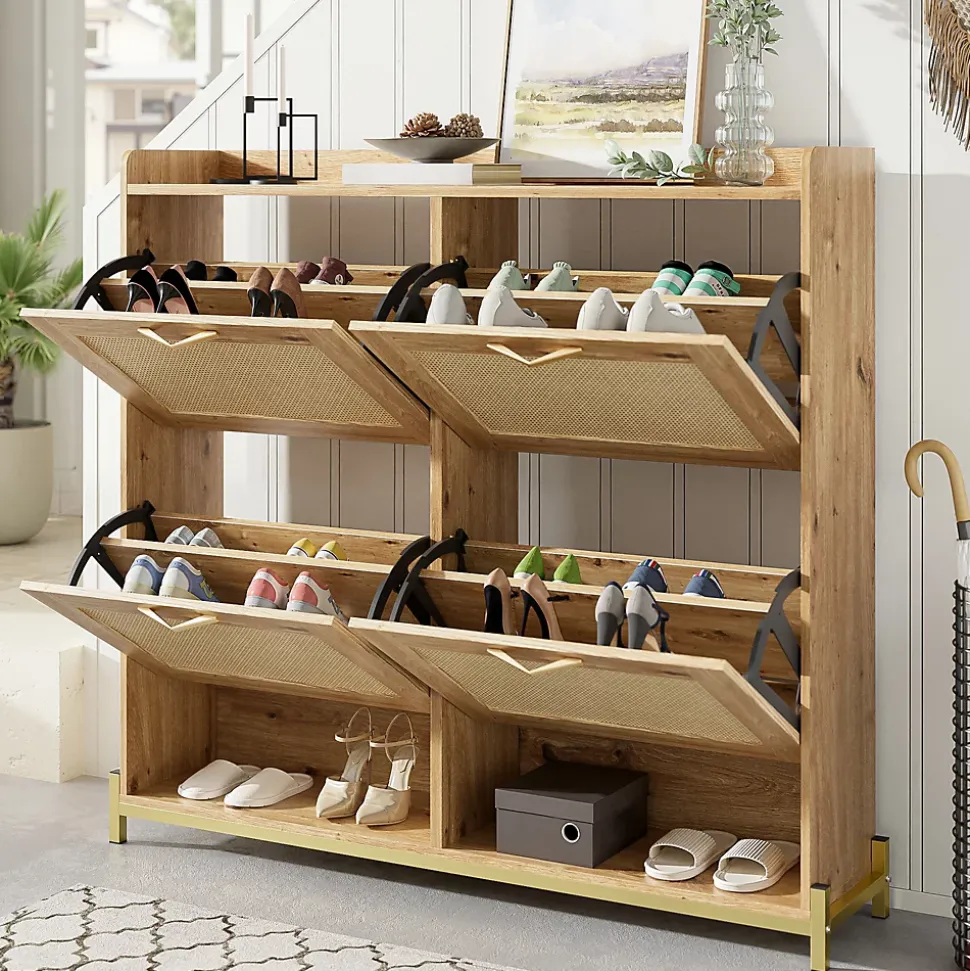 URBAN MEUBLE Meuble à chaussures effet bois et rotin MDF 4 portes battantes
