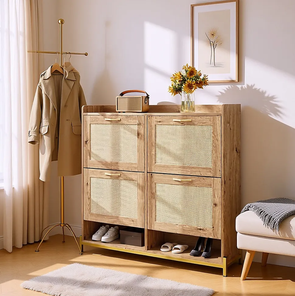 URBAN MEUBLE Meuble à chaussures effet bois et rotin MDF 4 portes battantes