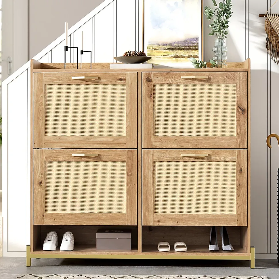 URBAN MEUBLE Meuble à chaussures effet bois et rotin MDF 4 portes battantes