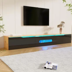 URBAN MEUBLE Meuble TV suspendu effet bois et portes laqués noir avec LED