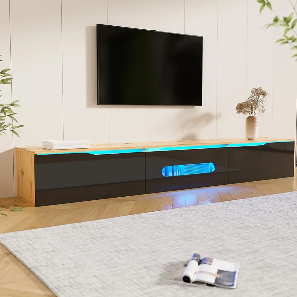 URBAN MEUBLE Meuble TV suspendu effet bois et portes laqués noir avec LED