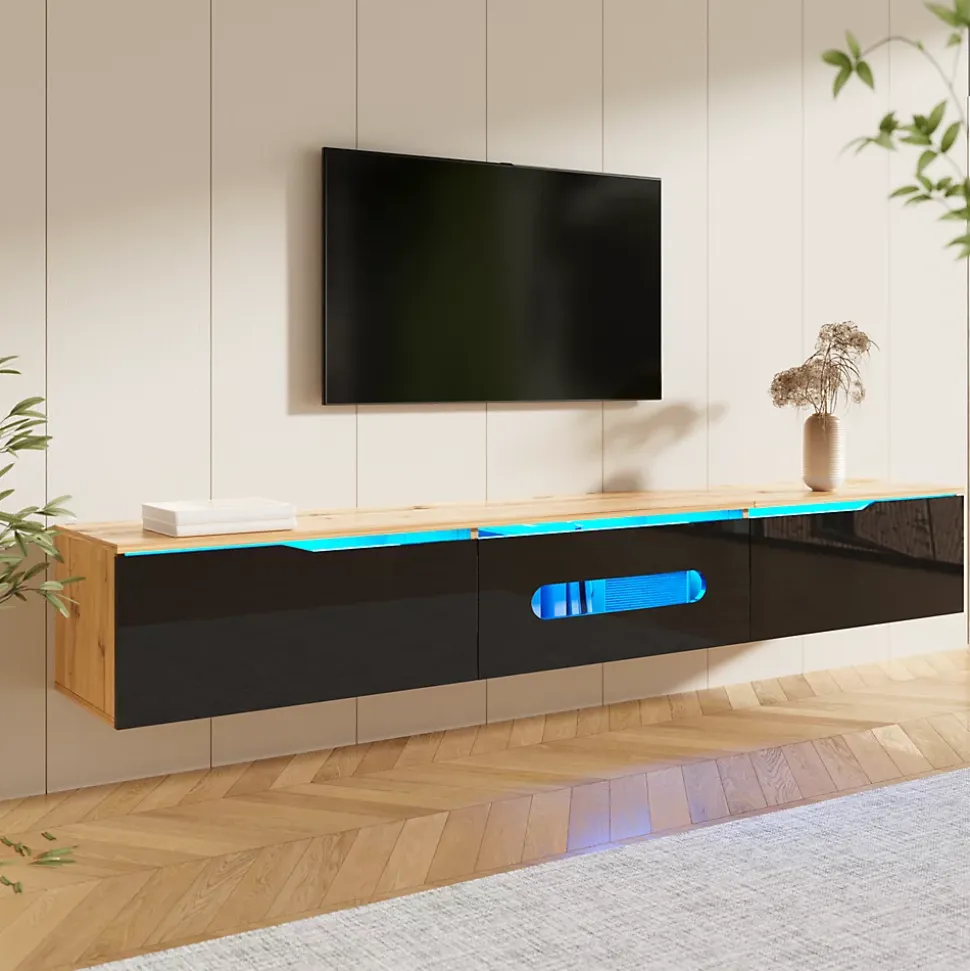 URBAN MEUBLE Meuble TV suspendu effet bois et portes laqués noir avec LED