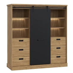 Vaisselier 1 porte 6 tiroirs décor chêne et noir éclairage LED - FARM