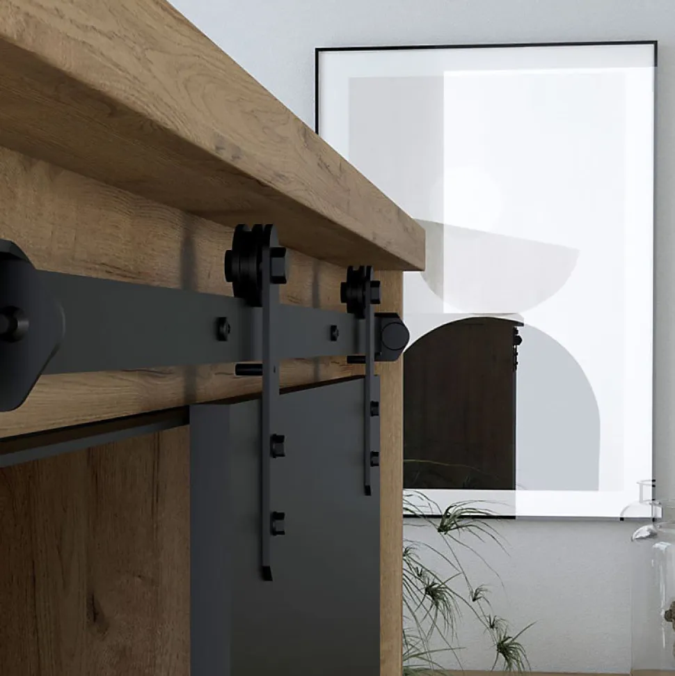 Vaisselier 1 porte 6 tiroirs décor chêne et noir éclairage LED - FARM