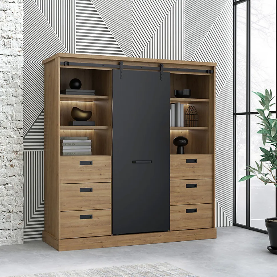 Vaisselier 1 porte 6 tiroirs décor chêne et noir éclairage LED - FARM