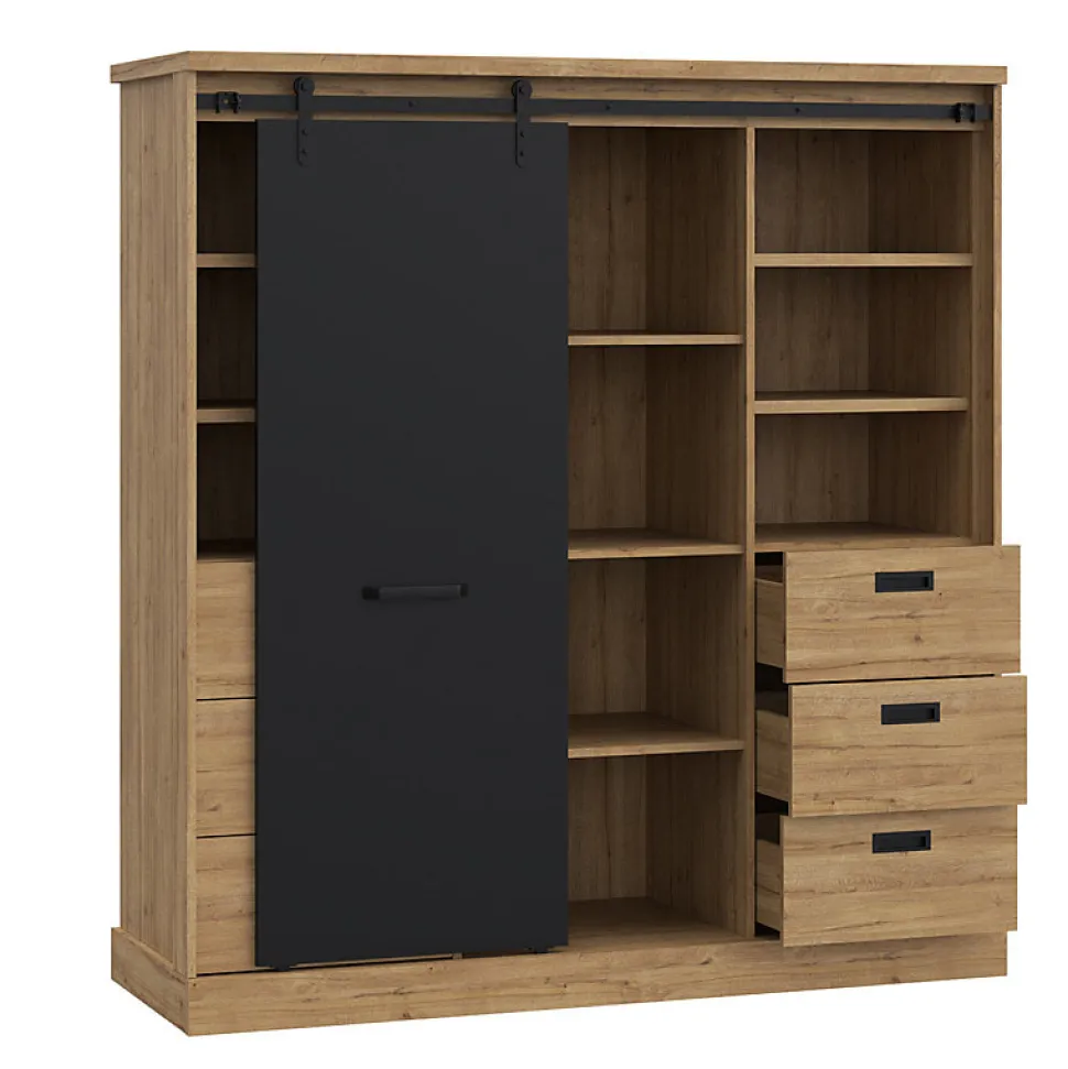 Vaisselier 1 porte 6 tiroirs décor chêne et noir éclairage LED - FARM