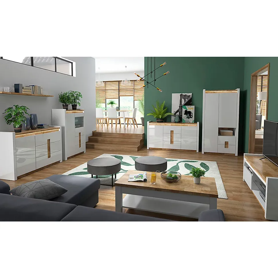 Vaisselier 2 portes 2 tiroirs avec LED Helios Blanc laque et Bois