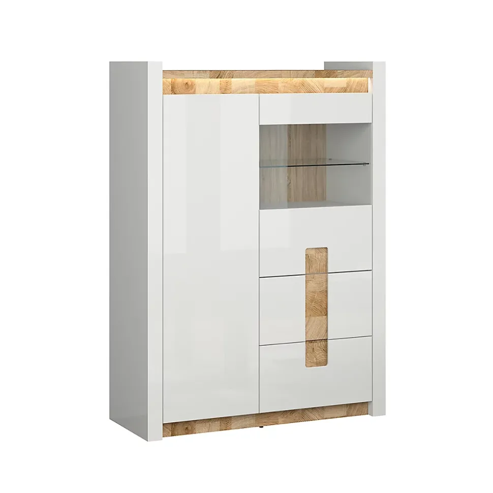 Vaisselier 2 portes 2 tiroirs avec LED Helios Blanc laque et Bois