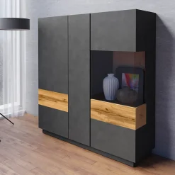 Vaisselier 3 portes Andrea Gris anthracite et Bois