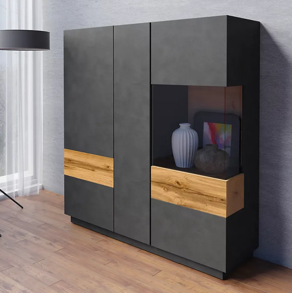 Vaisselier 3 portes Andrea Gris anthracite et Bois