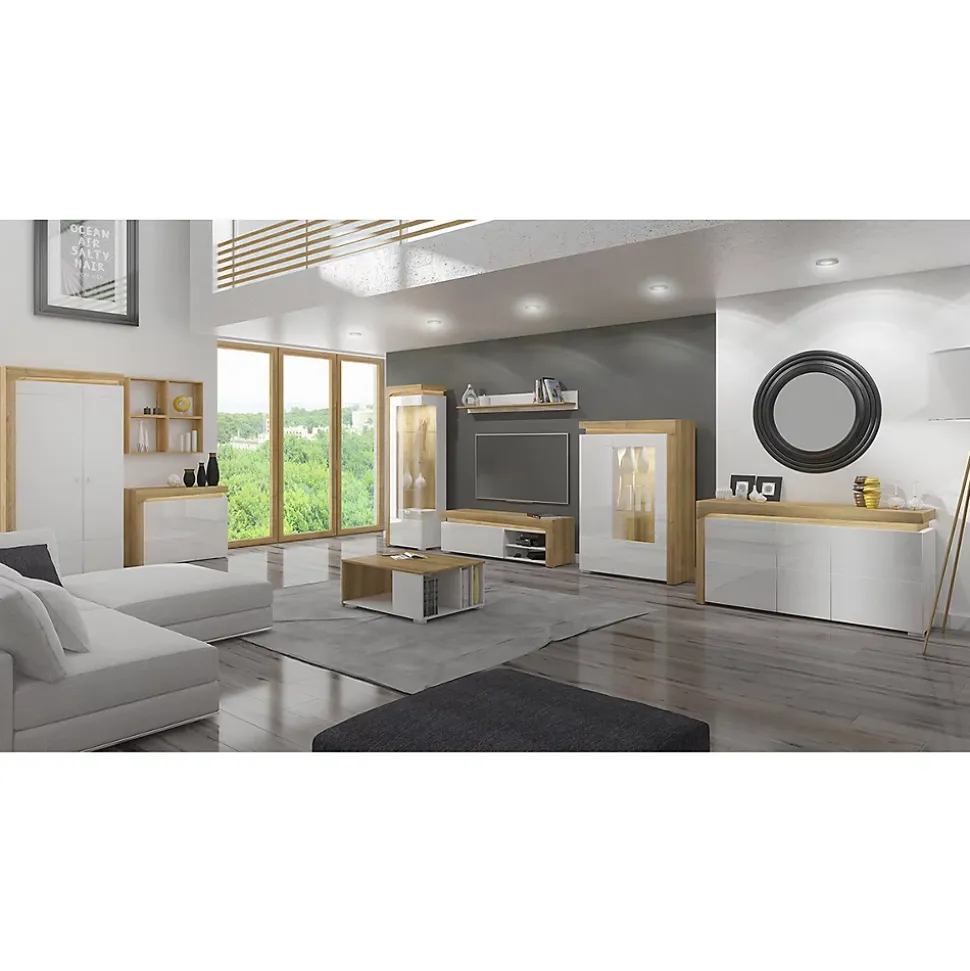 Vaisselier 2 portes droite LED inclus Teo Blanc et Bois