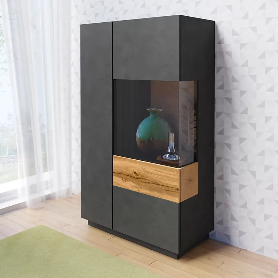 Vaisselier 2 portes ouverture droite Andrea Gris anthracite et Bois