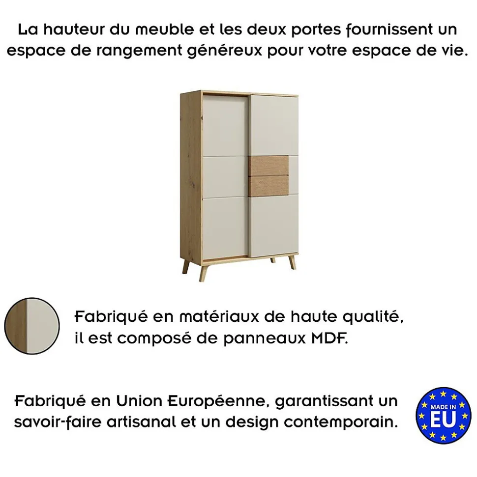 Vaisselier 2 Portes 87x137 Cm En Bois Clair Design Intemporel Blanc