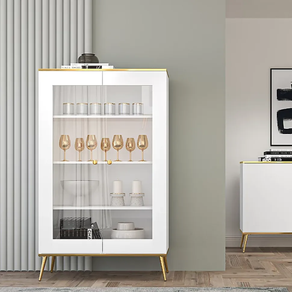 Vaisselier 2 portes Zora Blanc et Dore