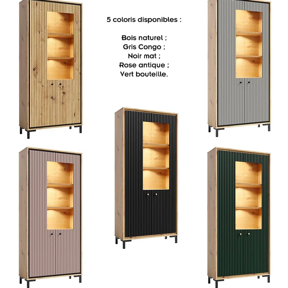 Vaisselier 5 étages En Bois Vitrine Avec Led 89x196 Cm Design Contemporain Bois Naturel
