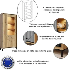 Vaisselier 5 étages En Bois Vitrine Avec Led 89x196 Cm Design Contemporain Bois Naturel