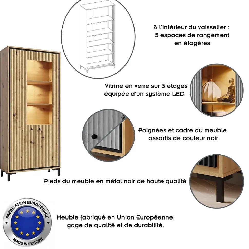 Vaisselier 5 étages En Bois Vitrine Avec Led 89x196 Cm Design Contemporain Bois Naturel