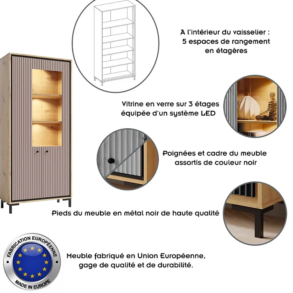 Vaisselier 5 étages En Bois Vitrine Avec Led 89x196 Cm Design Contemporain Rose Antique