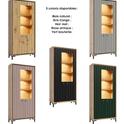 Vaisselier 5 étages En Bois Vitrine Avec Led 89x196 Cm Design Contemporain Noir Mat
