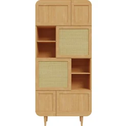 Vaisselier H. 212 cm décor chêne cannage rotin pieds en bois - VIVIAN