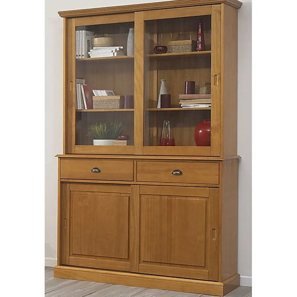 Vaisselier Pin Miel 4 Portes Coulissantes 2 Tiroirs L 121 H 198.8 P 42.3 cm - L 121 x l 42.3 x H 198.8 cm
