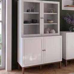 Vaisselier vitré décor gris et chêne avec poignées en bois - UDINE