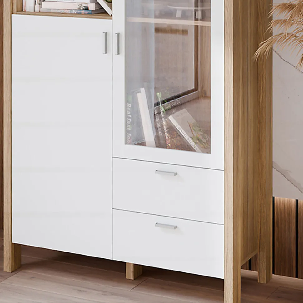Vaisselier vitré H. 200 cm avec décor gris clair et chêne - DEVONNE