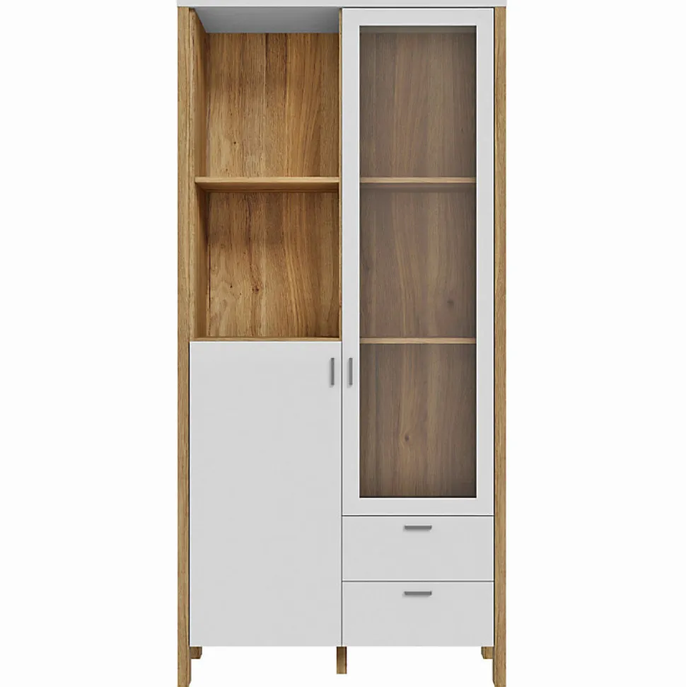 Vaisselier vitré H. 200 cm avec décor gris clair et chêne - DEVONNE