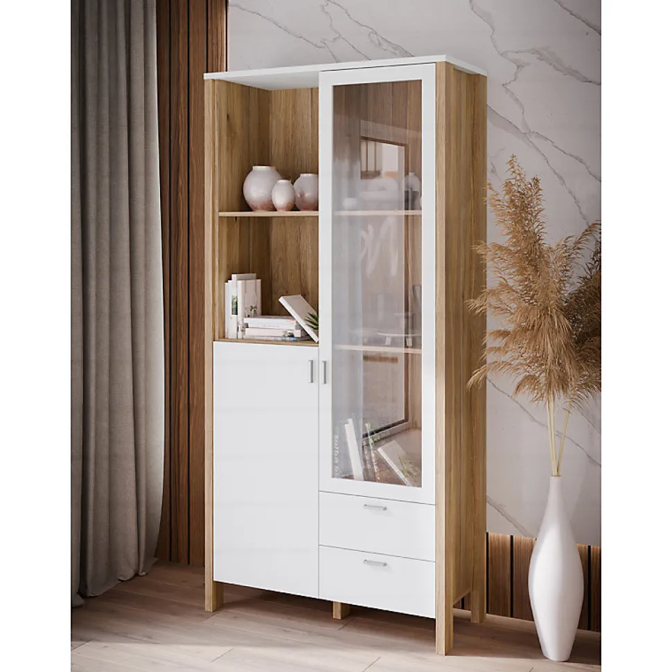 Vaisselier vitré H. 200 cm avec décor gris clair et chêne - DEVONNE