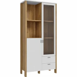 Vaisselier vitré H. 200 cm avec décor gris clair et chêne - DEVONNE