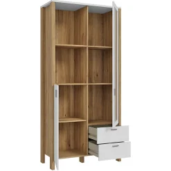 Vaisselier vitré H. 200 cm avec décor gris clair et chêne - DEVONNE