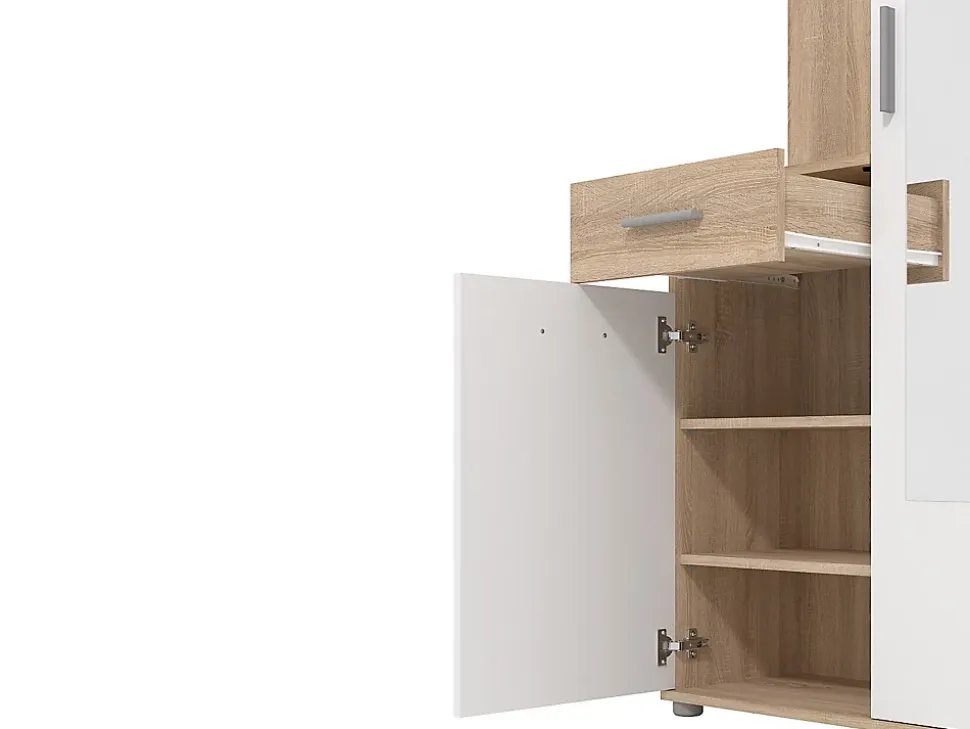 Vestiaire avec 3 portes, 1 tiroir et 1 miroir - Naturel et blanc - CAMOLA